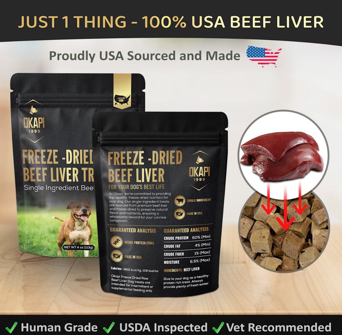 Freeze-Dried Beef Liver Dog Treats 100% Single Ingredient, High-Protein, Natural, Grain-Free Training Snacks for Dogs – Made in USA